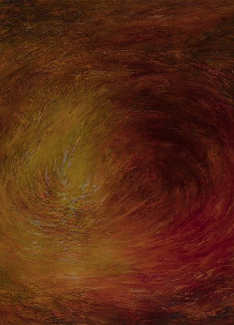 Inner Current, an abstract painting in ochre and deep red
