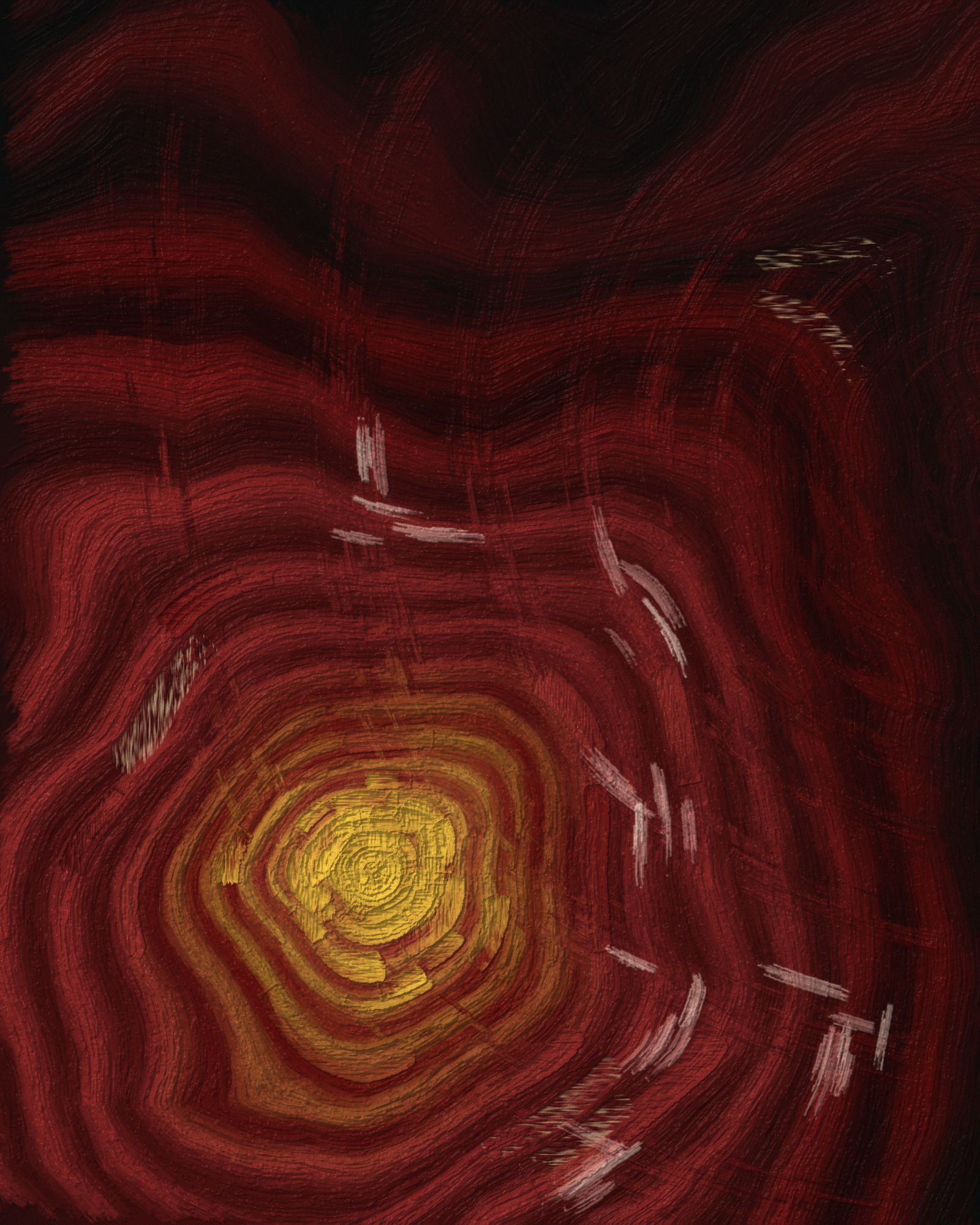 Resonance, an abstract painting of deep crimson layers swirling around a gold centre on a dark ground