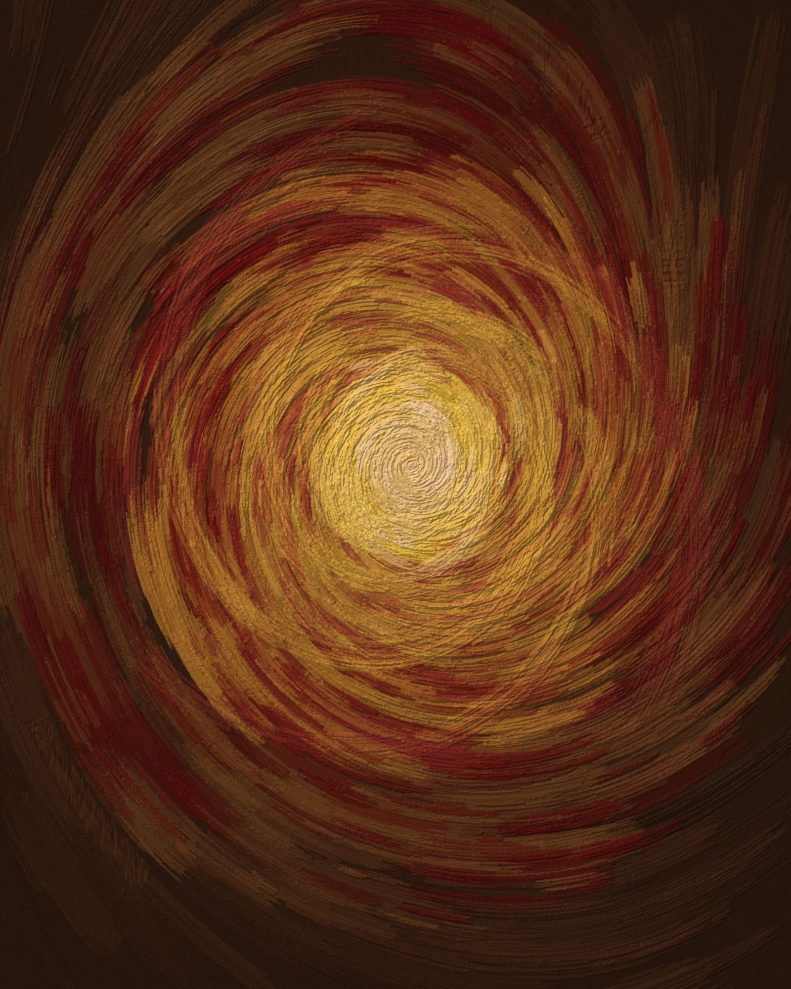 Voyage of Karma, an abstract spiral in amber, ochre and deep crimson around a pale gold centre